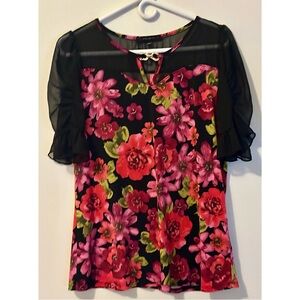 Atelier 29 Floral Blouse Size L Sheer Chiffon Sleeves Gold Clasp Top